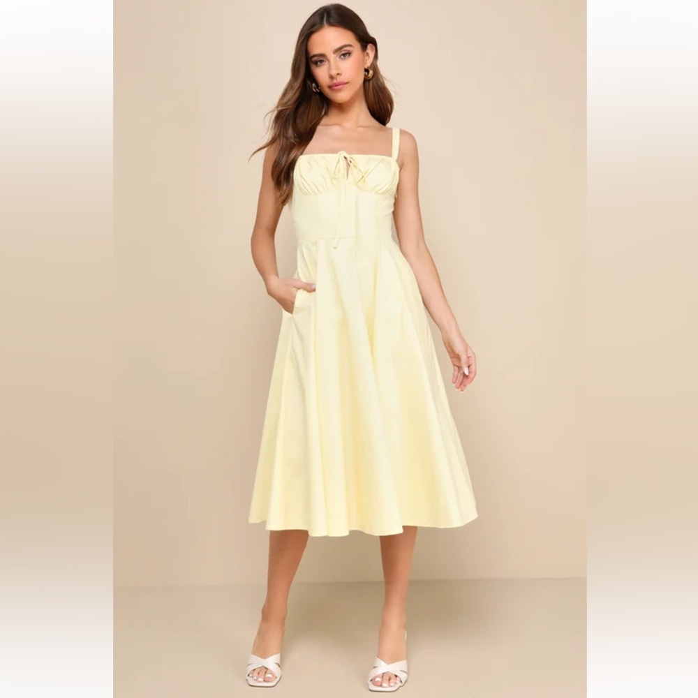 Lulus Compelling Charisma Yellow Bustier Midi Dress Pockets (House of CB Carmen)